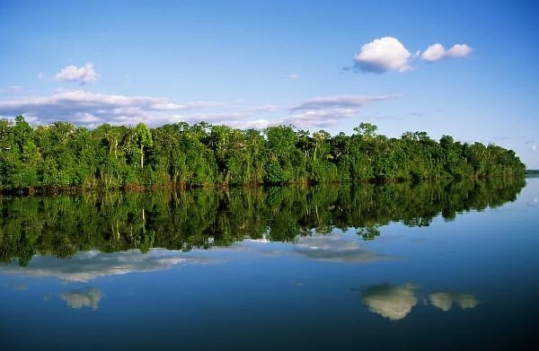 Juruena, Brazil. Forested river bank reflected in the water with clouds in the sky