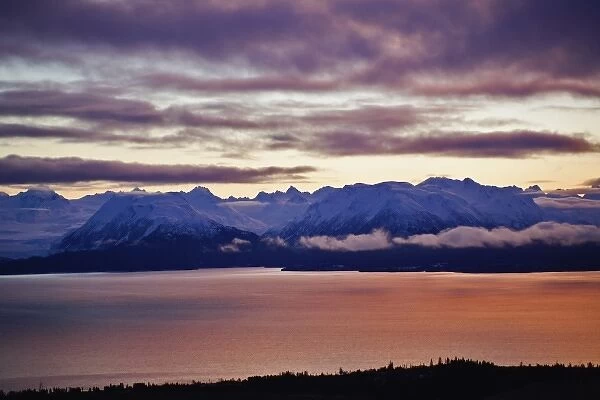 Kachemak Bay and Kenai Mountains during winter sunset from Homer, Alaska