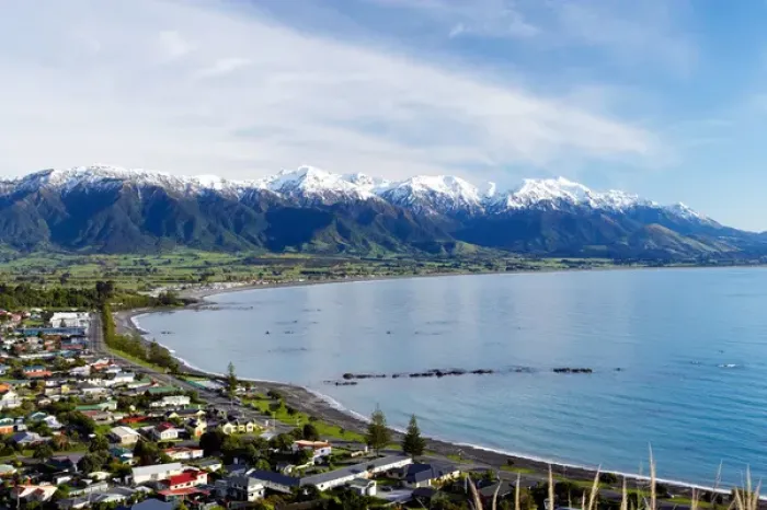 Framed Print : Kaikoura Township and Seaward Kaikoura Ranges, Marlborough, South Island, New Zealand