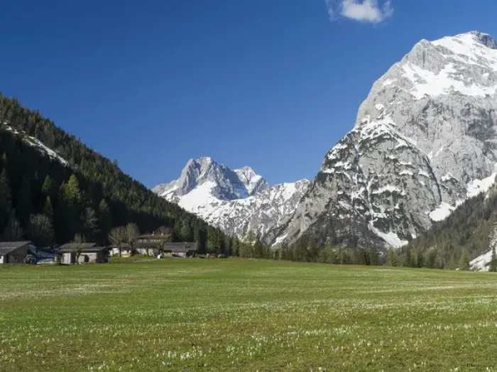 Framed Print : The Karwendel Mountain Range near Gramai in valley Falzthurntal during spring close