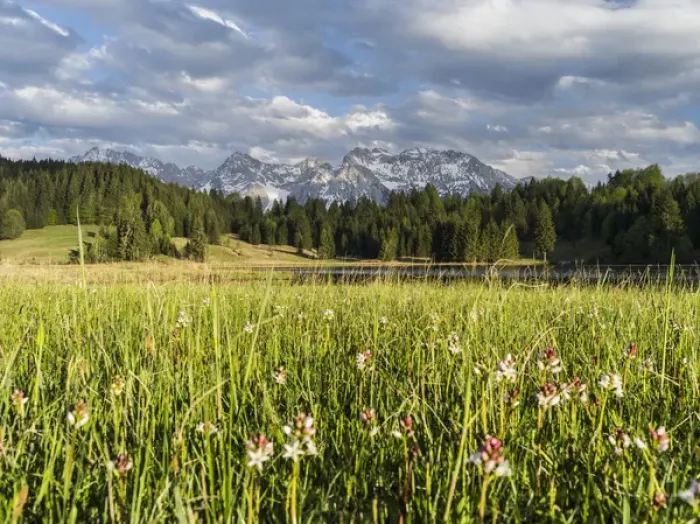 Framed Print : The Karwendel Mountain Range near Mittenwald during spring, lake Wagenbruch (also called Geroldsee)
