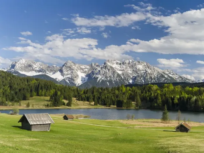 Framed Print : The Karwendel Mountain Range near Mittenwald during spring, lake Wagenbruch (also called Geroldsee)