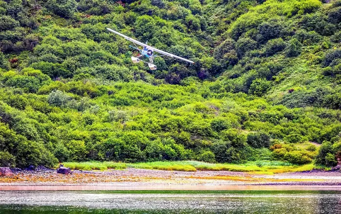Framed Print : Katmai National Park and Preserve, Alaska. Landscape view of float plane landing in a cove Framed Print : Katmai National Park and Preserve, Alaska. Landscape view of float plane landing in a cove