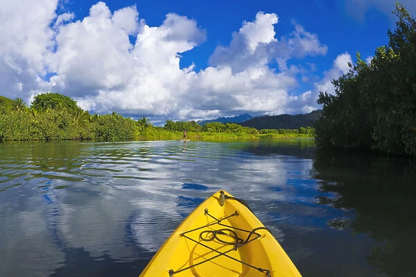 Kayak on the tranquil Hanalei River, Island of Kauai, Hawaii