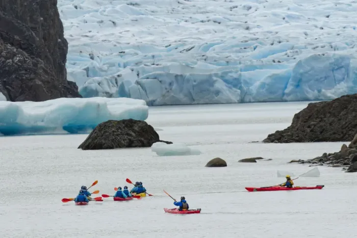 Framed Print : Kayakers exploring Grey Lake and Grey Glacier, Torres del Paine National Park Framed Print : Kayakers exploring Grey Lake and Grey Glacier, Torres del Paine National Park