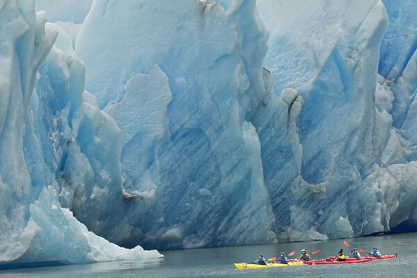 Kayakers exploring Grey Lake in front of massive Grey Glacier, Torres del Paine National Park