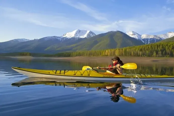 Framed Print : Kayaking on Hungry Horse Reservoir with Great Northern Mountain in background in