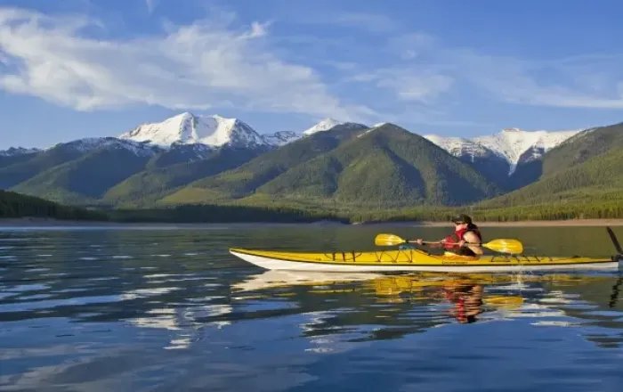 Framed Print : Kayaking on Hungry Horse Reservoir with Great Northern Mountain in background in Framed Print : Kayaking on Hungry Horse Reservoir with Great Northern Mountain in background in