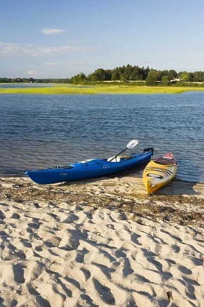 Kayaks on the beach at Griswold Point in Old Lyme, Connecticut. Mouth of the Connecticut River