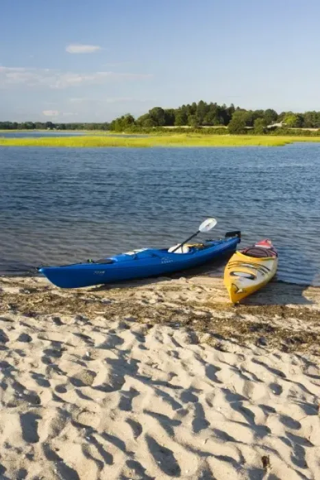 Framed Print : Kayaks on the beach at Griswold Point in Old Lyme, Connecticut. Mouth of the Connecticut River