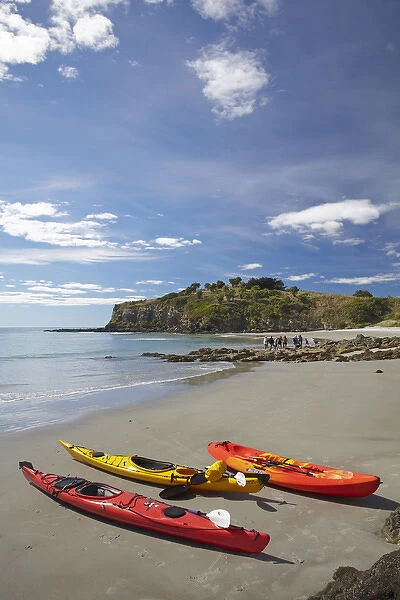Kayaks on beach near Doctors Point, and Mapoutahi Pa, Historic Maori Pa Site, north of Dunedin