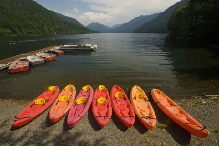 Framed Print : Kayaks for Rent at Fairholm, Lake Crescent, Olympic National Park, Washington, US