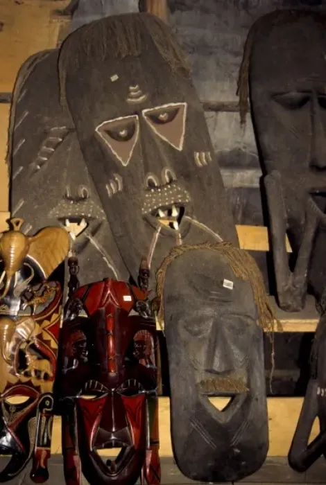 Framed Print : Kenya, Malindi. Woodcarvers Co-op, carved wooden masks for sale Framed Print : Kenya, Malindi. Woodcarvers Co-op, carved wooden masks for sale