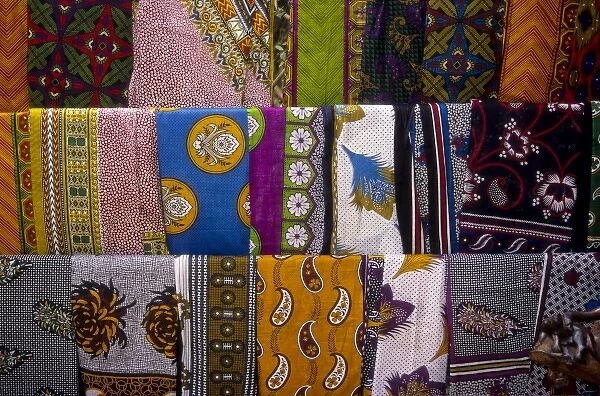 Kenya, Namanga, hanging kanga fabrics for sale