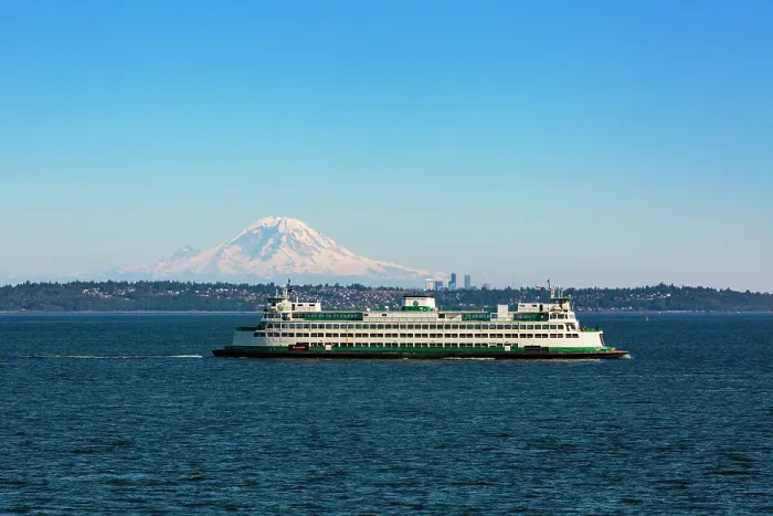 Framed Print : Kingston to Edmonds ferry on Puget Sound with view of Mount Rainier, Washington State, USA Framed Print : Kingston to Edmonds ferry on Puget Sound with view of Mount Rainier, Washington State, USA
