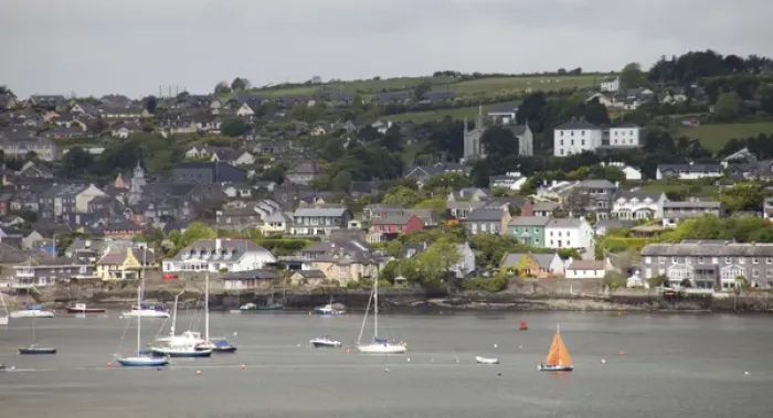 Framed Print : Kinsale Ireland with colorful homes on the hillside and boats in the water