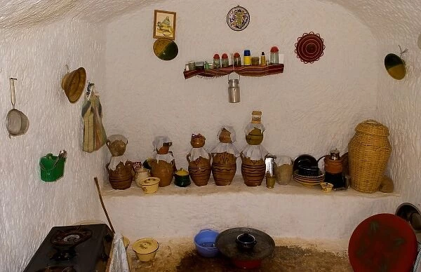Kitchen with jugs in Berber Lifestyle Village Matmata Tunisia cave house in mountain