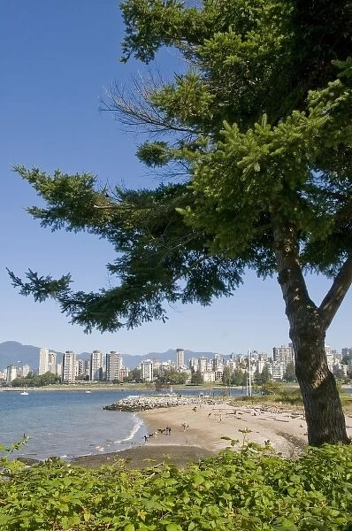 Kitsilano Beach park overlooking English Bay and the skyline of downtown Vancouver, BC, Canada
