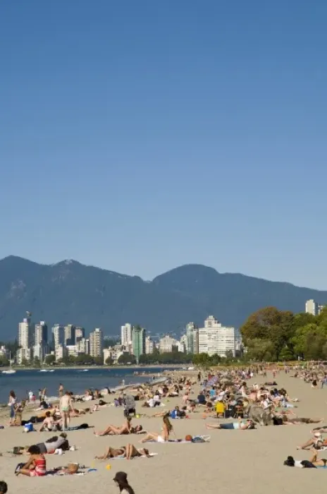 Framed Print : Kitsilano Beach park and swimming pool overlook English Bay and the skyline of downtown Vancouver