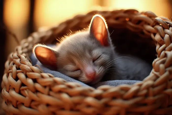 Framed Print : Kitten asleep in basket. (AI Generated.)