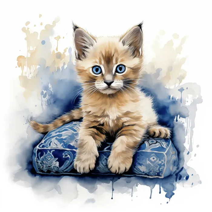 Framed Print : Kitten with blue eyes on cushion. (AI Generated) Framed Print : Kitten with blue eyes on cushion. (AI Generated)