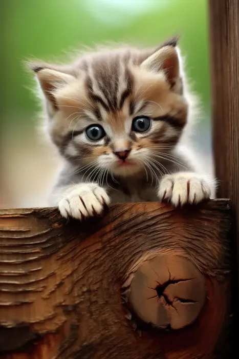 Framed Print : Kitten looking over wood panel. (AI Generated) Framed Print : Kitten looking over wood panel. (AI Generated)