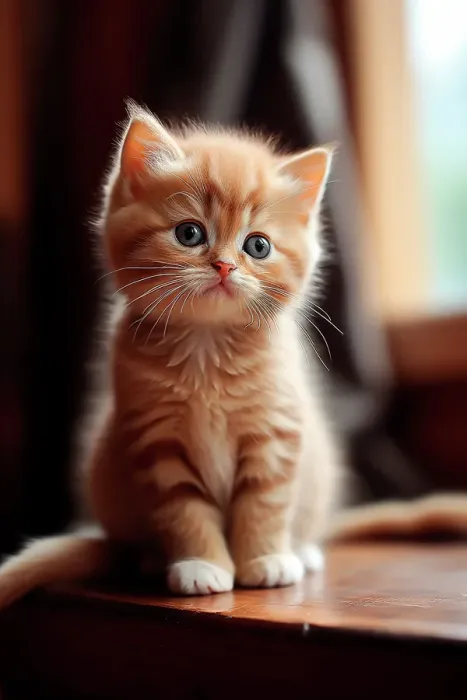 Framed Print : Kitten sitting on table. (AI Generated)