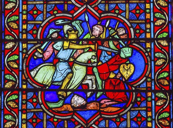 Knights Fighting Swords Horses Battle War stained glass, Notre Dame Cathedral, Paris