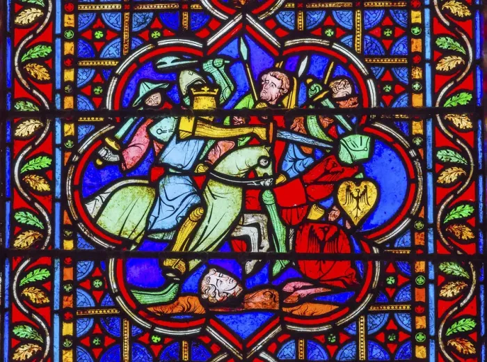 Framed Print : Knights Fighting Swords Horses Battle War stained glass, Notre Dame Cathedral, Paris Framed Print : Knights Fighting Swords Horses Battle War stained glass, Notre Dame Cathedral, Paris
