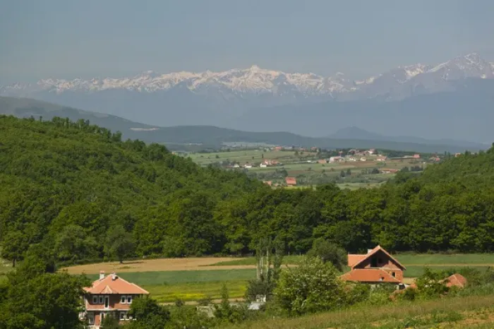 Framed Print : KOSOVO, Balince. View of Muslim village of Balince rebuilt after Kosovo War (1998-1999)