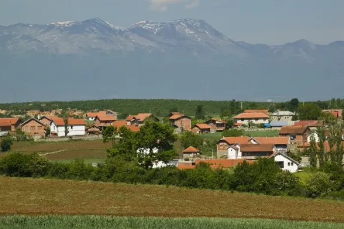 Framed Print : KOSOVO, Balince. View of Muslim village of BALINCE rebuilt after Kosovo War (1998-1999)