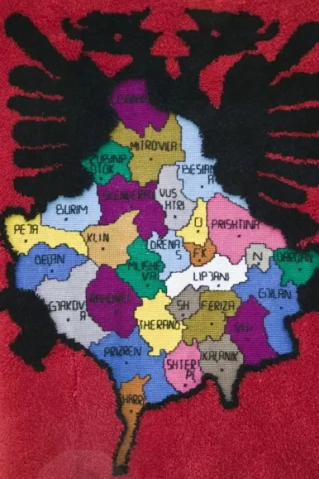 Framed Print : KOSOVO, Pec. Roadside Souvenir stall selling rug with Albanian Map. Kosovo is primarily Framed Print : KOSOVO, Pec. Roadside Souvenir stall selling rug with Albanian Map. Kosovo is primarily