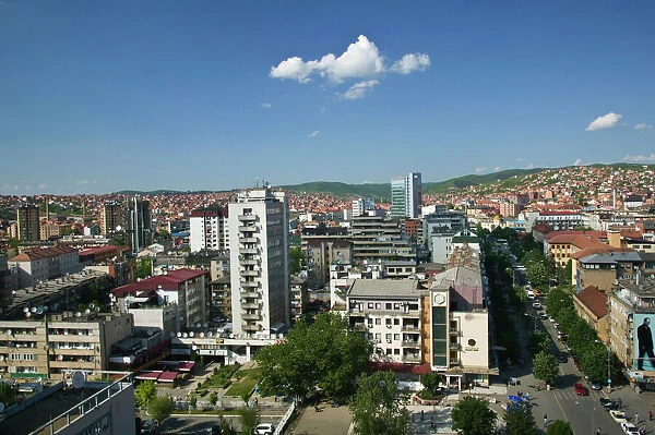 KOSOVO, Prishtina. Downtown aerial view looking north on Boulevard Mother Teresa