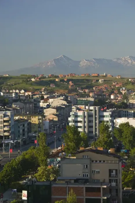 Framed Print : KOSOVO, Prishtina. Downtown Prishtina and the Albanian Mountains to the South / Morning Framed Print : KOSOVO, Prishtina. Downtown Prishtina and the Albanian Mountains to the South / Morning