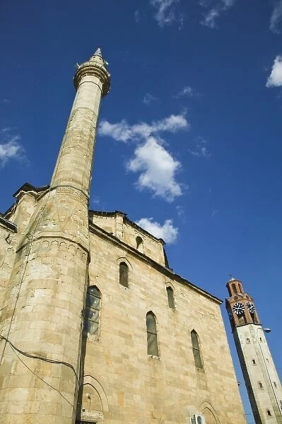 KOSOVO, Prishtina. Exterior of the Jashar Pasha Mosque and Turkish Quarter Clock Tower