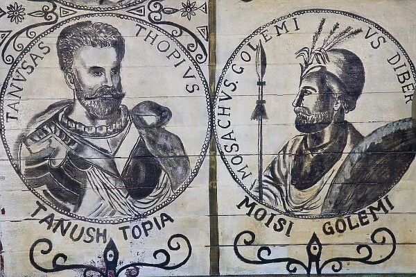 Kosovo, Prishtina. Wall art depicting TANUSH TOPIA, general of Albanian Her Skanderbeg