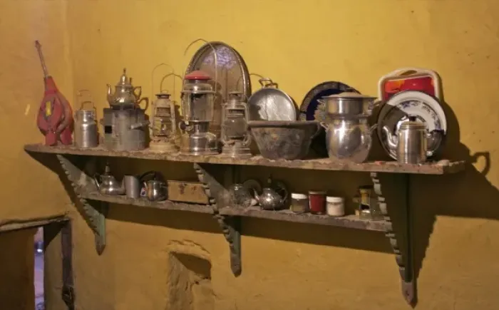 Framed Print : Ksar Maadid, region of Errachidia: fortified village and oasis. Kitchen utensils inside a house