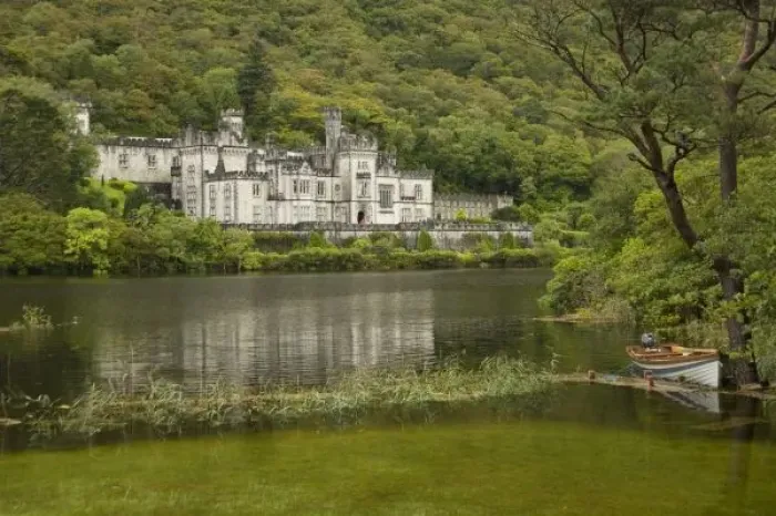 Framed Print : Kylemore Abbey, County Galway, Ireland, Castle, Towers Landscape, Scenic, Boat