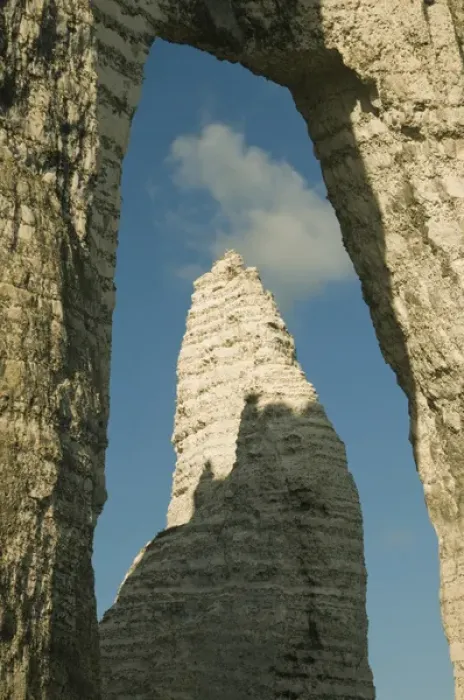Framed Print : L Aiguille (Needle) through Porte d Aval arch, Etretat, Normandy FRANCE