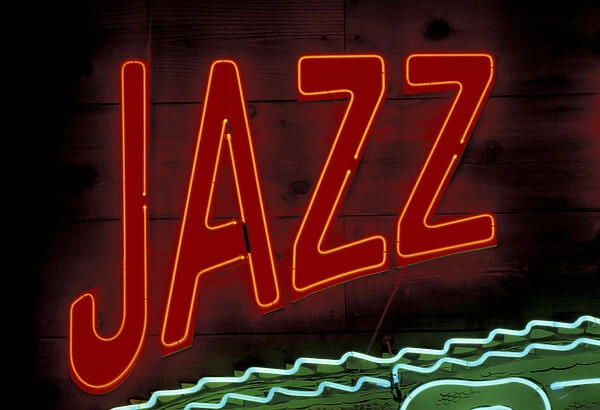 LA, New Orleans. Neon jazz sign on Bourbon St. French Quarter