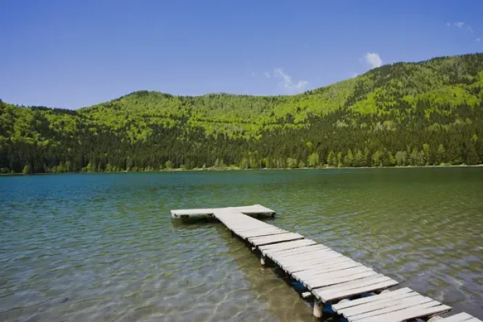 Framed Print : Lacul Sfanta Ana (Anna Lake) close to Baile Tusnad, a crater lake of Ciumatu Mountains