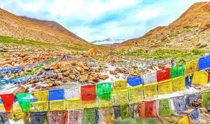 Framed Print : Ladakh, India. Wide angle landscape view of mountain river rushing under prayer flags down a valley from the Himalayan Mountains Framed Print : Ladakh, India. Wide angle landscape view of mountain river rushing under prayer flags down a valley from the Himalayan Mountains