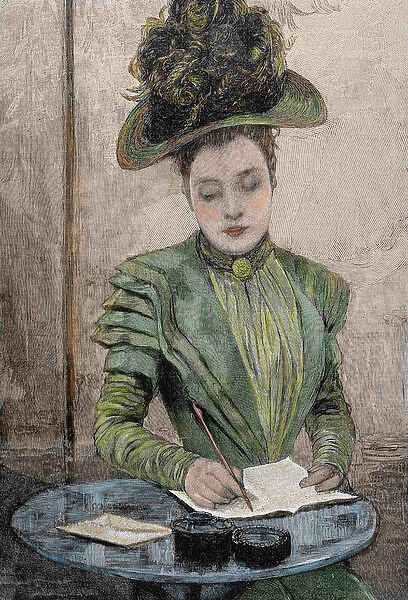 Lady writing a letter. Colored engraving from 1888