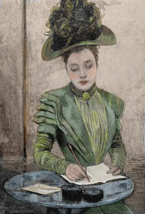Framed Print : Lady writing a letter. Colored engraving from 1888