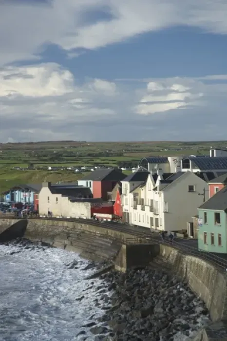 Framed Print : Lahinch, County Clare, Ireland, Town, Houses, Coastline, Breakwater, Waves Framed Print : Lahinch, County Clare, Ireland, Town, Houses, Coastline, Breakwater, Waves