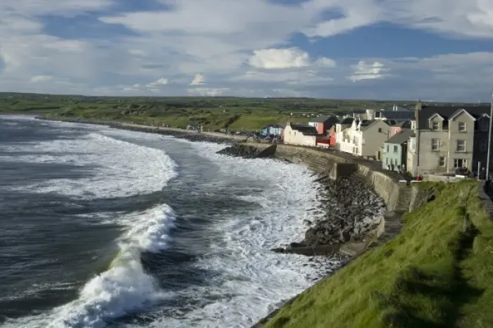 Framed Print : Lahinch, County Clare, Ireland, Town, Houses, Waves, Breakwater, Evening, Coastline Framed Print : Lahinch, County Clare, Ireland, Town, Houses, Waves, Breakwater, Evening, Coastline