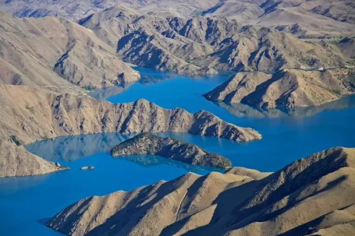 Framed Print : Lake Benmore, Waitaki Valley, North Otago, South Island, New Zealand - aerial