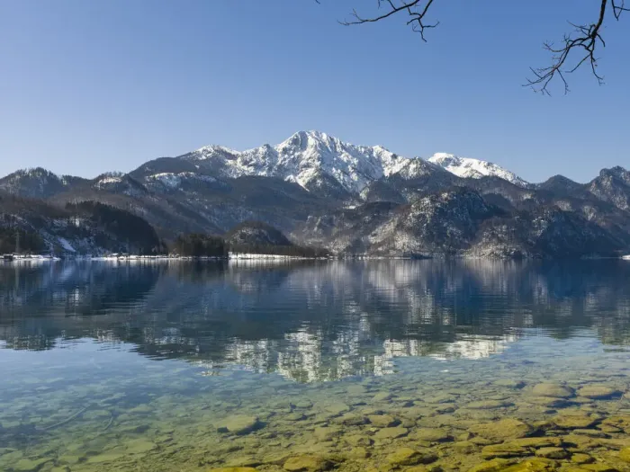 Framed Print : Lake Kochelsee at village Kochel am See during winter in the Bavarian Alps. Mt