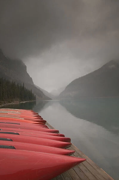 02. Canada, Alberta, Banff National Park: Lake Louise, Red Canoes & Lake  /  Early Winter