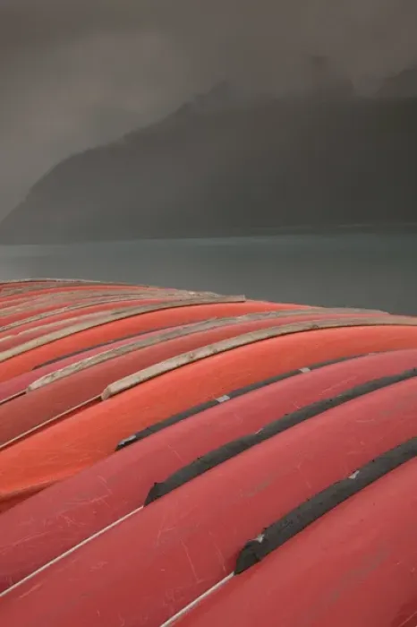 Framed Print : 02. Canada, Alberta, Banff National Park: Lake Louise, Red Canoes and Lake  /  Early Winter